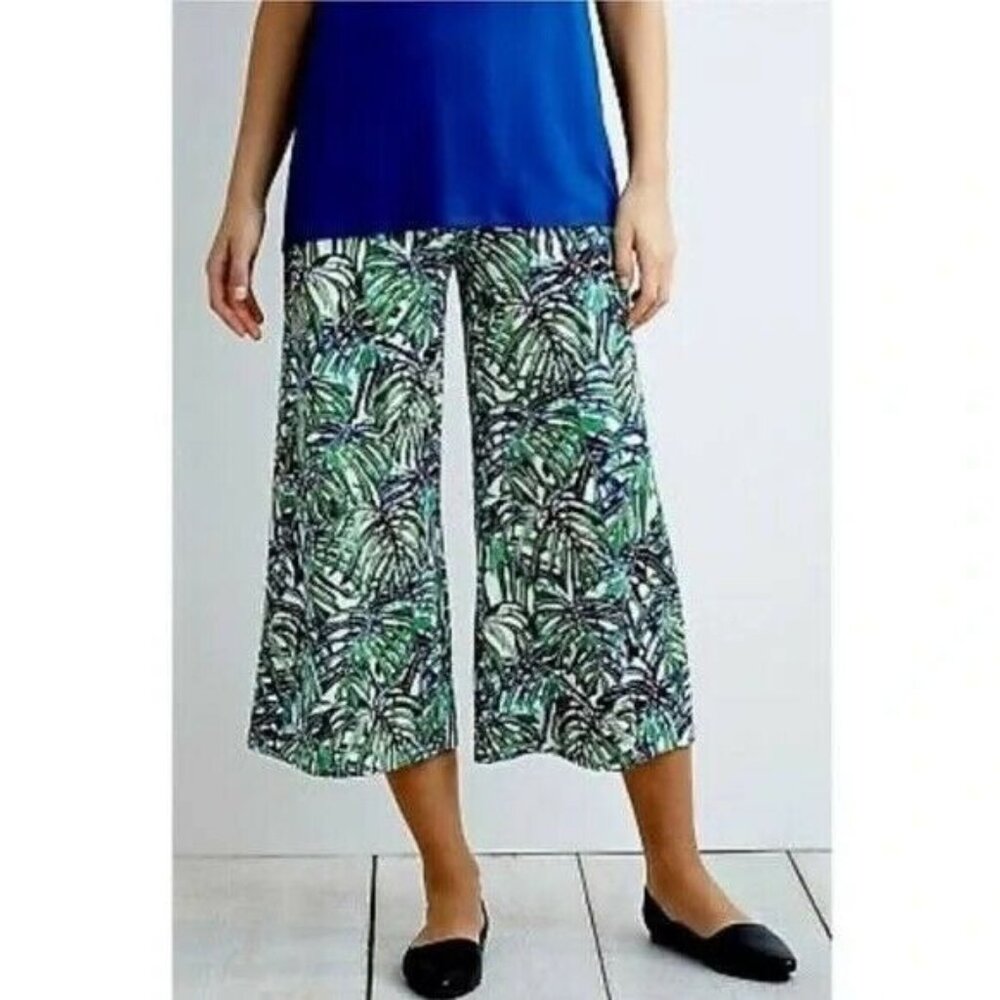 J. Jill Womens High Rise Palm Print Smooth Fit Green Wide Leg Crop Pant Size LP